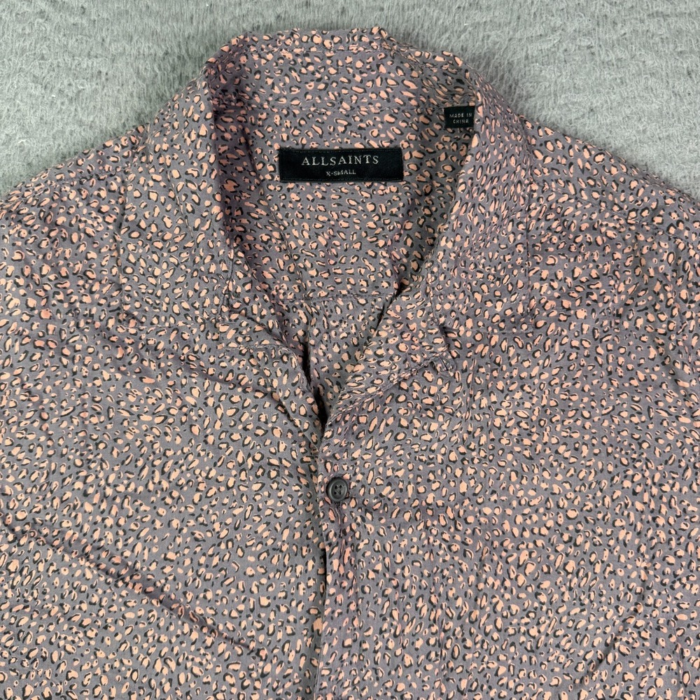 AllSaints Wasco Leopard Print Shirt Mens XS Pink Purple Short Sleeve Loop Collar